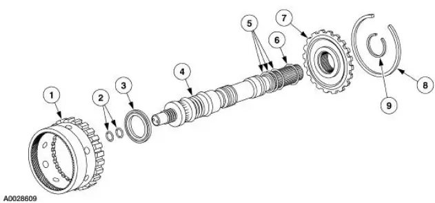 Output Shaft, Direct Clutch Cylinder and Ring Gear Disassembled View